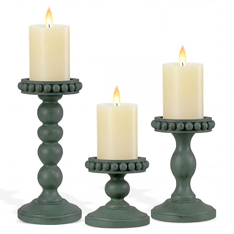Mumufy 3 Set Wooden Candle Holders for Pillar Candles, Sage