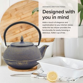 Frieling Ja By Arare Blue and Gold Cast Iron Teapot with Stainless Steel Infuser - Japanese Tea Kettle for Stovetop - 40 oz Teapot