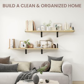 Venusmiles Deep Floating Shelves for Wall, 16" W x 12" D Oak Engineered Wood Wall Shelves for Living Room Bedroom Bathroom Kitchen Storage Decor, Black Metal Brackets, Set of 2