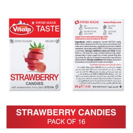 Vitalp Taste, Swiss Made, Sugar Free Candy with Stevia, Vegan, Strawberry Flavor, 25g/0.88 Ounce Packs, 16 Boxes