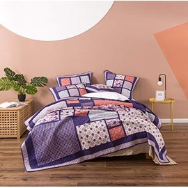 DaDa Bedding Cotton Patchwork Quilt Floral Bedspread - Bohemian Cherry Blossom Quilted Design Coverlet Set - Reversible Bright Vibrant Plum Purple & Peach - King - 3-Pieces - Designed in USA
