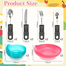 Honeydak 4 Sets Adaptive Utensils Bowl and Plate Set Adaptive Self Feeding Dinnerware with Non Skid Suction Base Easy Grip Bendable Cutlery for Elderly Parkinsons Disabled Arthritis Hand Tremors
