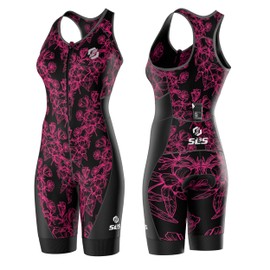 SLS3 Pro Tri Suit Women - One Piece Womens Triathlon Suit - Premium FX Trisuit Femme, Full Print - No Shelf Bra (Hot Pink Outline, Small)