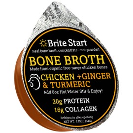 Brite Start Bone Broth - Chicken + Ginger & Turmeric - 12 Count - Keto Friendly Concentrate with 16g Collagen, 20g Paleo Protein - Made from Free Range Chicken Bones - Single Serve Packets