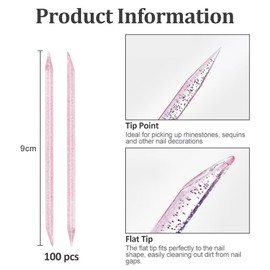 Cuticle Pusher Nail File - Pack of 100 Double Sided Manicure Sticks for Cuticle Remover, Crystal Sticks Manicure for Manicure Art Pedicure Cuticle Care (Pink)