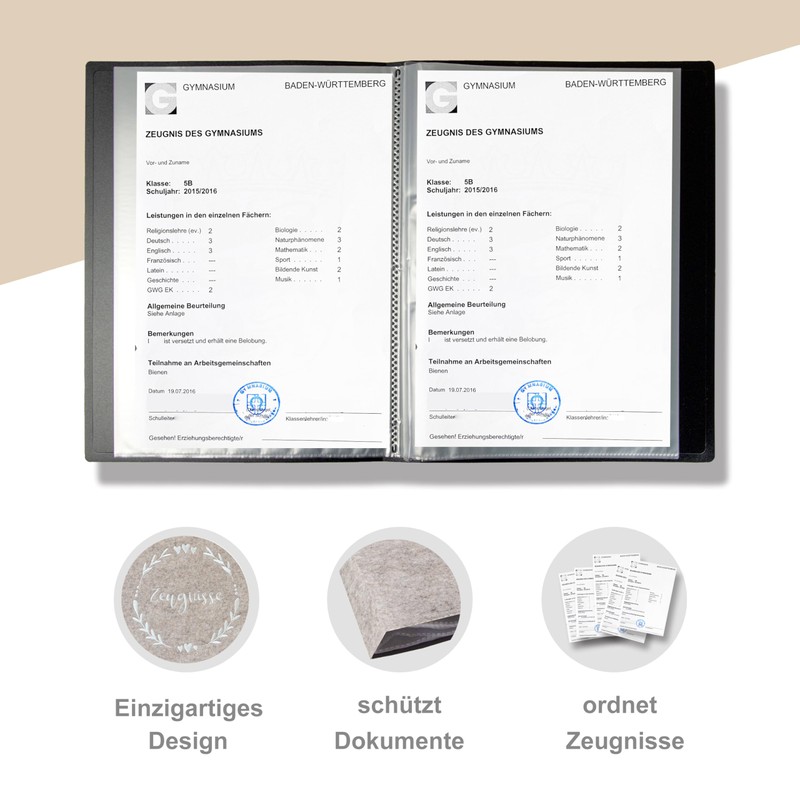 Minilino Felt Certificate Folder A4 with 20 Premium Transparent Pockets