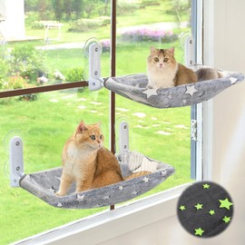 Zoratoo 2PC Cat Window Perch, Glow in The Dark Cordless Foldable Pet Hammock Bed for Window with Sturdy Metal Frame, Glowing Stars Pattern Resting Seat for Indoor Cats (2PC Stars - L)