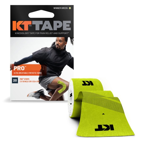 KT Tape, Pro Synthetic Kinesiology Athletic Tape, 20 Count, 10” Precut Strips, Winner Green