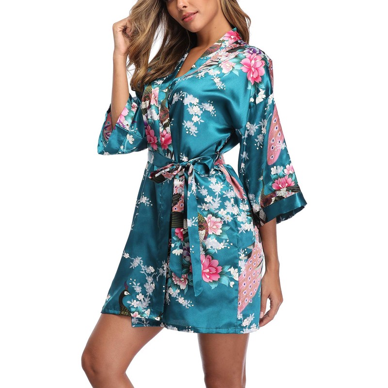 UrHot Women's Floral Kimono Satin Short Robe Peacock and Blossom