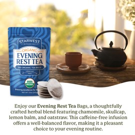 Starwest Botanicals Organic Evening Rest Tea - Caffeine Free Herbal Tea Blend, Contains Chamomile & Lemon Balm, String Free Sachets, USDA Organic, Non GMO - 100 Bags