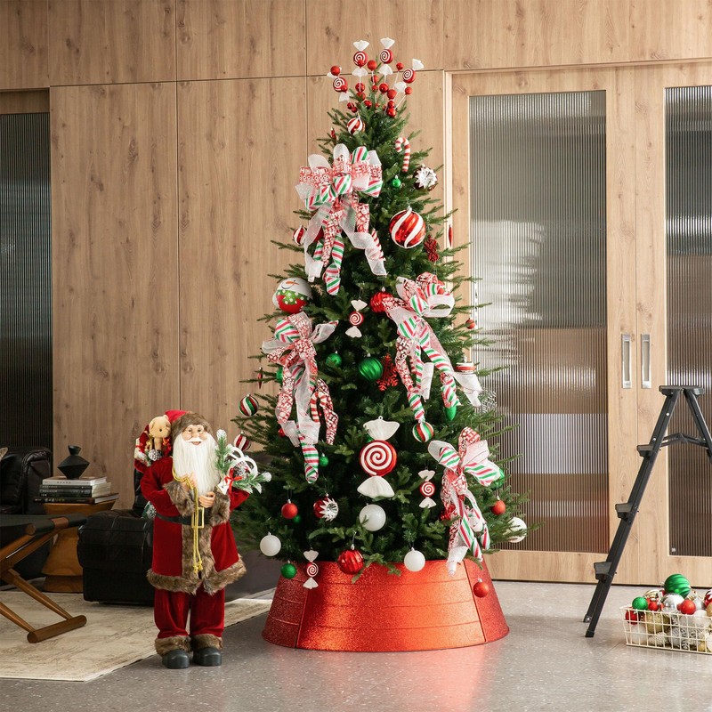 Glitzhome 40.5" D Red Metal Glitter Tree Collar, Decorative Tree