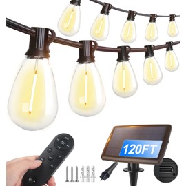 Tenmiro 120FT Solar Outdoor String Lights with Remote and 32+2 LED Shatterproof Bulbs Dimmable & Timing 3 Light Modes Solar Patio String Lights for Cafe, Garden, Deck, Outside Wedding Last for 10+Hrs