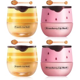 4 piezas de bálsamo labial de fresa y miel, mascarillas labiales con vitamina E, mascarilla labial hidratante con propóleo para dormir, exfoliante hidratante y preventivo para labios secos y
