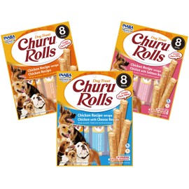 INABA Churu Rolls Natural Dog Treat - Soft Baked Chicken Filled with Churu Puree - 3 Flavor Variety Pack (24 Sticks)