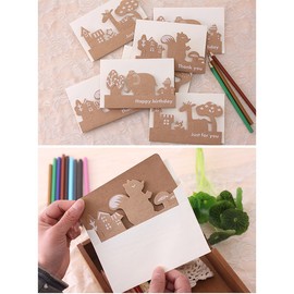 (Moin Moin) Message Cards Birthday Cards Thank You Cards Forest Animal Natural Cut Picture Retro Brown Cards + Envelopes Bundle of 4 (Squirrel/Elephant/Giraffe/Fox)