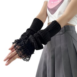 Lamerry Arm Cover, Mine System, Subculture Type, Lace, Arm Warmer, Gothic Loli, Gothic Knit, Arm Cover, Autumn and Winter, Women's, Black, Black