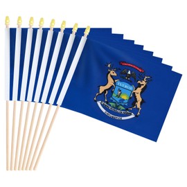 Pack of 20, Handheld Michigan Flags 5x8 Inch - Small State of Michigan MI Flags on Wood Sticks with Spear Top, Mini Michigander Flag for Elections, Patriotic Decorations, Independence Day Celebration