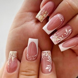 White French Tip Press on Nails Short Square Fake Nails with Golden Glitter Nail Tips Designs Nude Pink Artificial False Nails Flower Acrylic Glue on Nails Full Cover Stick on Nails for Women 24Pcs