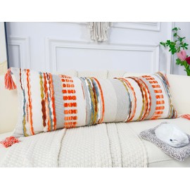 NUYECY Chenille and Cotton Long Pillow for Bed,Striped Textured Boho Long Lumbar Throw Pillow Cover 14x36,Neutral Accent Decorative Extra Long Body Pillow Case for Couch Sofa Bedroom,Red