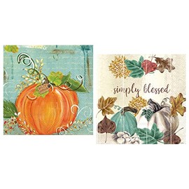 Ideal Home Range IHR 3-Ply Cocktail Paper Napkins Bundle with 20 Count Grace and Gratitude and 20 Count Blessed Pumpkins, Teal, cream, turquoise, brown