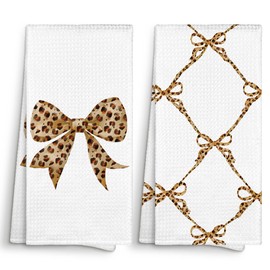 Sviojuce Preppy Cheetah Print Coquette Bow Kitchen Towels Decorative 16x24 Set of 2, Trendy Dish Towels Cloths Dishcloths Tea Towel Gifts for Teen Girls Dorm, Leopard Bathroom Kitchen Hand Towel Decor