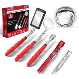 BILITOOLS Premium 6 Piece Extendable Magnetic Pickup Tool set, Telescoping Mechanic tool set with Magnetic Rods, Flashlight, Inspection Mirrors & Magnetic Tray. Gift for men dad husband &brother.