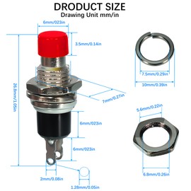 20pcs Red SPST momentary Miniature Push-Button switches (Normally Open Type) 1A 250V AC 2-pin PBS-110 (Red 20Pcs)