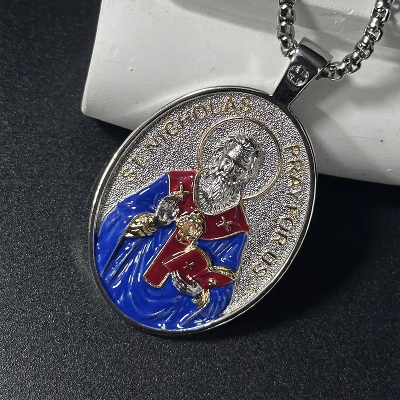 OigvcoTe St Nicholas Necklace Catholic Medal Pendant Enamel for Adults