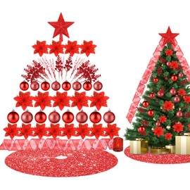 Realspring 72 Pieces Christmas Tree Ornament Set Xmas Assorted Decorations Bulk Glitter Poinsettia Berry Picks Topper Star Sequin Tree Skirts for Home Wreaths Holiday Party Favors (Red)
