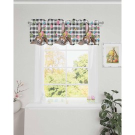 Happy Easter Valances for Windows/Bedroom/Living Room/Kitchen/Cafe, Cute Rabbit Flowers Black Buffalo Plaid Semi Sheer Small Curtain Valance Rod Pocket Light Filtering Window Treatment, 54" x 18"