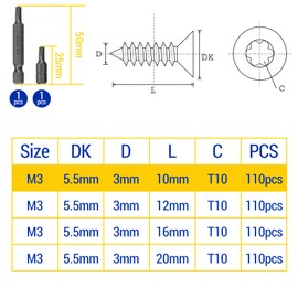 Mbsomnus Pack of 110 Wood Screws Black Countersunk Head M3 x 10 mm Screws Stainless Steel A2 V2A Acoustic Panels Screws Wood Screws Torx Full Thread Self-Tapping Chipboard Screws for Furniture
