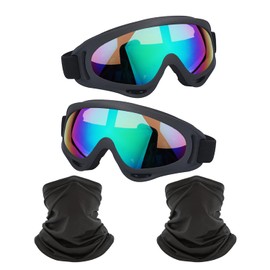 LJDJ Motorcycle Goggles,2 Pack Dirt Bike ATV Motocross Riding Hiking Protective with 2 Pack Neck Breathable Bandana Mask (Black Frame/Multicolor Lens)
