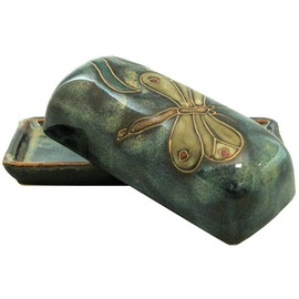 Mara Stoneware Collectible Butter Dish - Mexican Pottery - Blue with Dragonfly Design