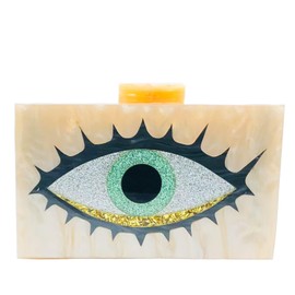 Boutique De FGG Acrylic Clutch Purses for Women Evening Handbags Chain Shoulder Bag Party Prom Luxury Marble Clutches,Mini,Evil Eye Beige