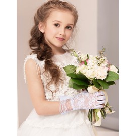 Heentan 4 Pairs Tea Party Gloves for Little Girls Kids Lace Short White Satin Princess Dressing Gloves with Bows for Party(White,Elegant Style)