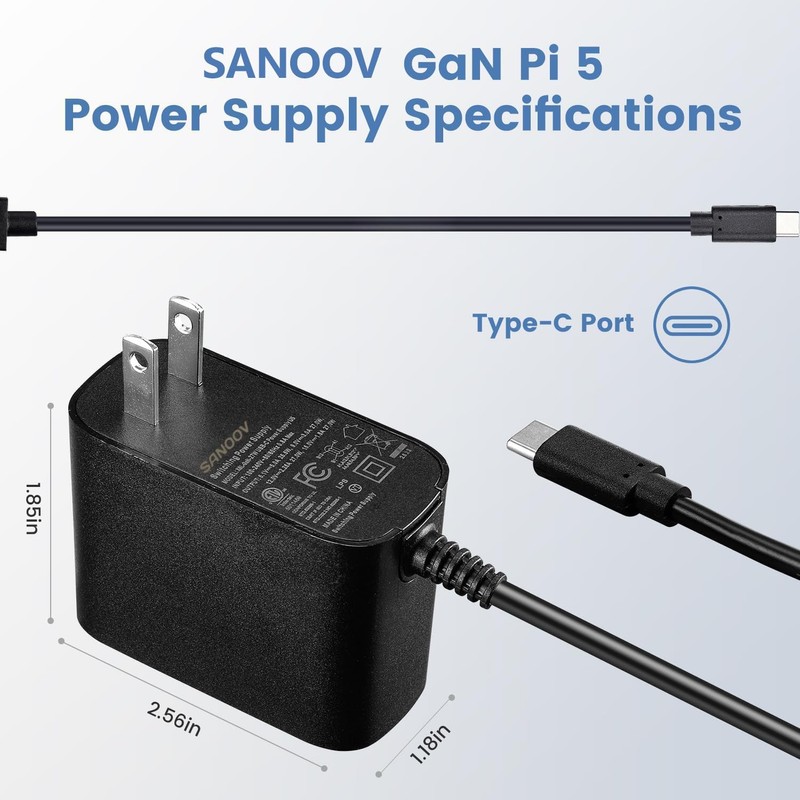 SANOOV 27W GaN PD USB-C Power Supply for Raspberry Pi