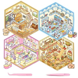 DIY 3D Sticker Therapy Scenes Kit - Build Kawaii House, Capybara Fast Food Shop, Bear Bakery .Reusable Cartoon Scene Stickers for Stress Relief, Family Bonding, Creative Play (4 Sets) (TZ-Style 2)