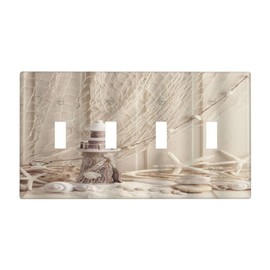 Nautical Coastal 4 Gang Decorative light switch plate Seashell Fishing Net Ocean Lighthouse Starfish Quad Toggle Wall Plate Covers Switchplate Electrical Faceplate Beach Theme Decor