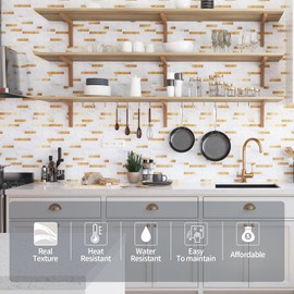 Yipscazo 10 Sheets Peel and Stick Stone Metal Tile Backsplash, Stick on Tiles for Backsplash Kitchen, Bathroom, Laundry Room, Camper, Fireplace (12'' X 12'', White Stone with Gold)