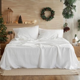 Bedsure Linen Sheets - Linen Bedsheets King Size, Blend from Linen Cotton Sheets, Breathable & Soft Cotton Bedsheets, Gifts for All Seasons, 4 Pieces, Pure White
