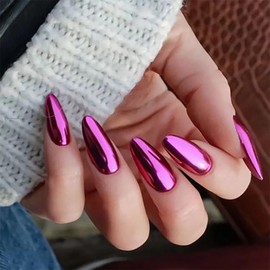 MERVF Purple Press on Nails Medium Almond Fake Nails Metal Stiletto Glue on Nails Press ons Artificial Mirror Solid Colorful Acrylic Nails Glossy False Nails 24pcs