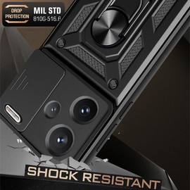 CSmall for Xiaomi Redmi Note 13 Pro+ Plus 5G Case with Slide Camera Lens Cover, Military Grade Shockproof Protection Cover with Ring Kickstand Case for Redmi Note 13 Pro Plus 5G SJ Black