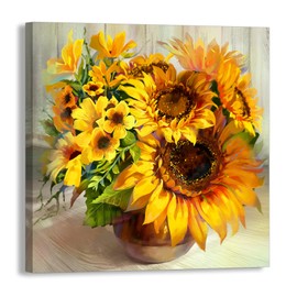 Fall Sunshine Sunflower Bathroom Decor Wall Art Farmhouse Kitchen Paintings for Wall Decorations Countryside Vintage Framed Canvas Artwork Printing Ready to Hang for Living Room Bedroom 13.4"x13.4"