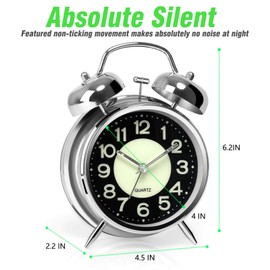 AYRELY® Loud Alarm Clock for Heavy Sleepers, Retro Twin Bell Design, 4-Inch Silent Non-Ticking Quartz Clock with Light and Luminous Dial,Perfect for Bedside and Bedrooms (Silver)