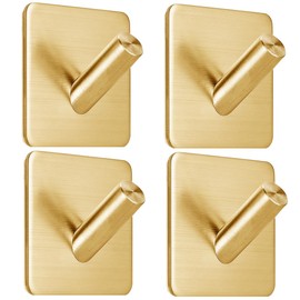 Gold Adhesive Coat Hooks: Anti-Slip 15LB Towel Hooks Locking Curve Stick on-Bathroom Kitchen 4 Packs