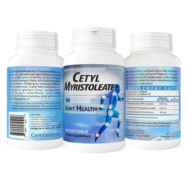 Cetyl Myristoleate Soft Gels Omega 5 Fatty Acid - Ultra Support for Relief from Joint Discomfort & Stiffness - With Glucosamine, Supported by Turmeric - 90 Soft Gels - By Coreceutim