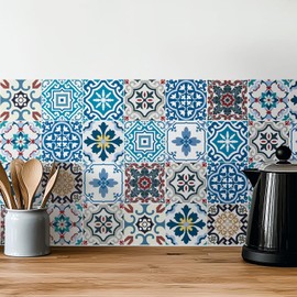 meihea 30 Pack, 4x4 Inch Eclectic Mediterranean Tile Stickers, Colorful Mosaic Peel and Stick Vinyl for Backsplash, Stairs & Furniture Decor