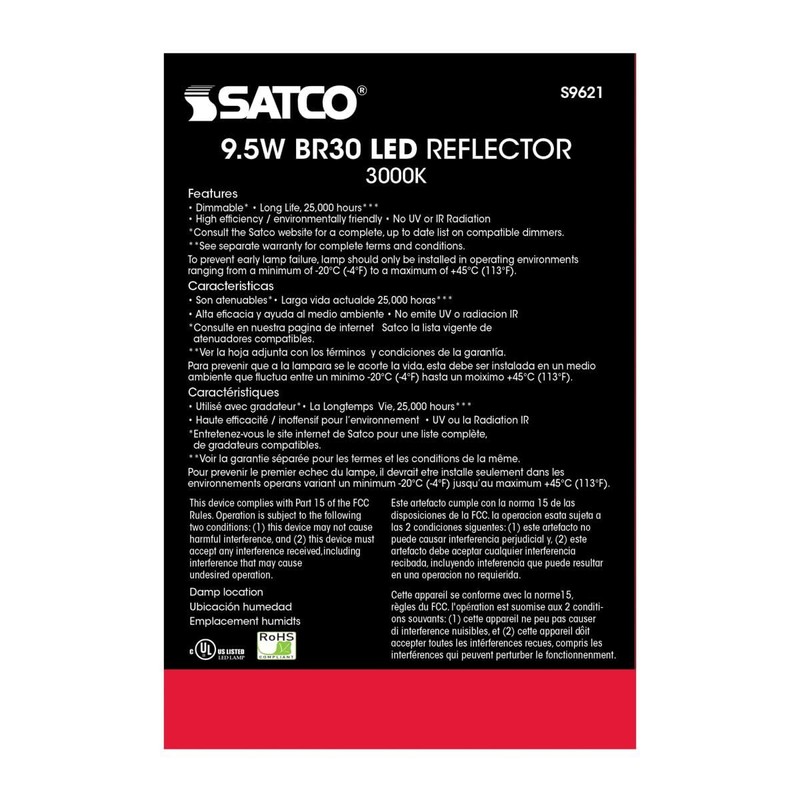 Satco Lighting S9621-9.5 Watt BR30 LED Soft White Light Bulbs