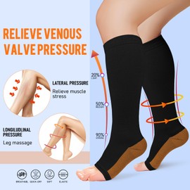 Copper Compression Socks 3 Pairs - Open-Toe Toeless Compression Socks for Women and Men(Black - 3 Pairs, L/XL)