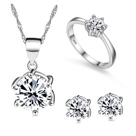 Uloveido Fashion Platinum Plated Created CZ Diamond Ring Studs Earrings and Pendant Necklace Jewellery Set Silver Color for Women T043